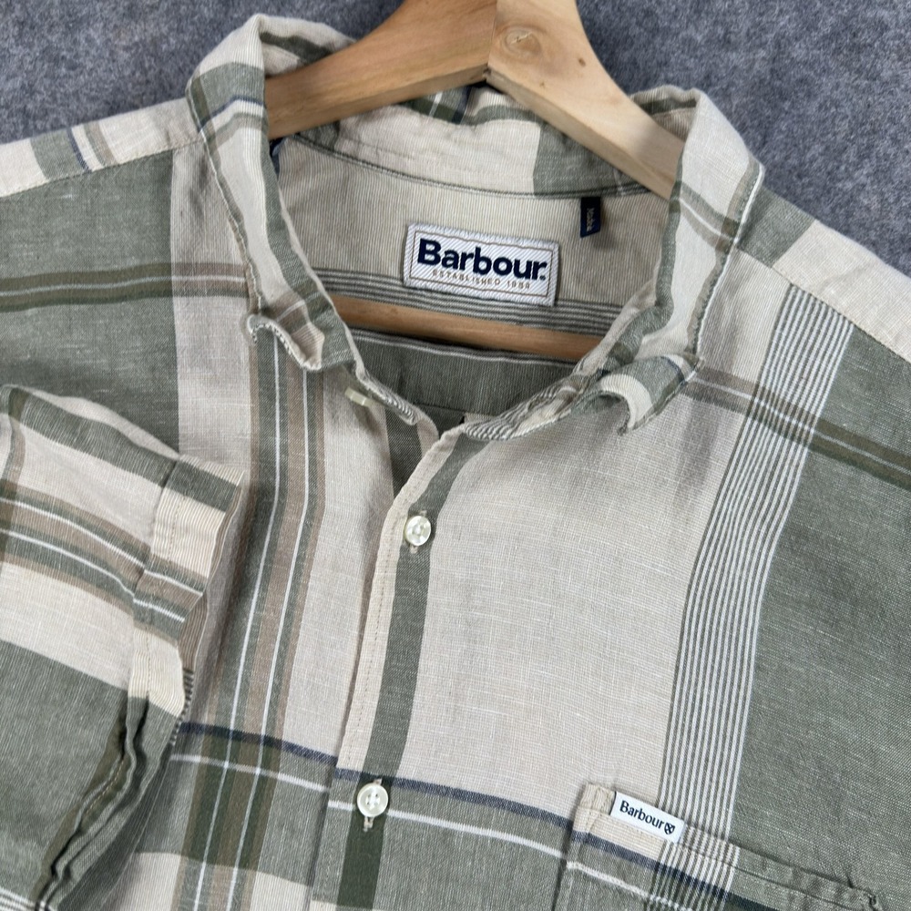 Barbour Shirt Mens XL Beige Green‎ Plaid Lyocell Linen Short Sleeve Button Front